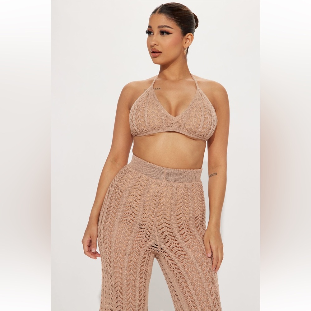 She's A Keeper Crochet Pant Set - Taupe